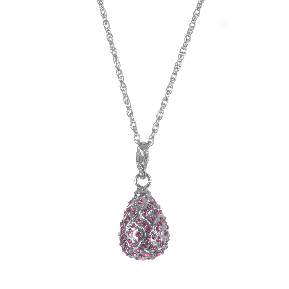 Silver Egg with Pink Crystals Pendant Necklace-0