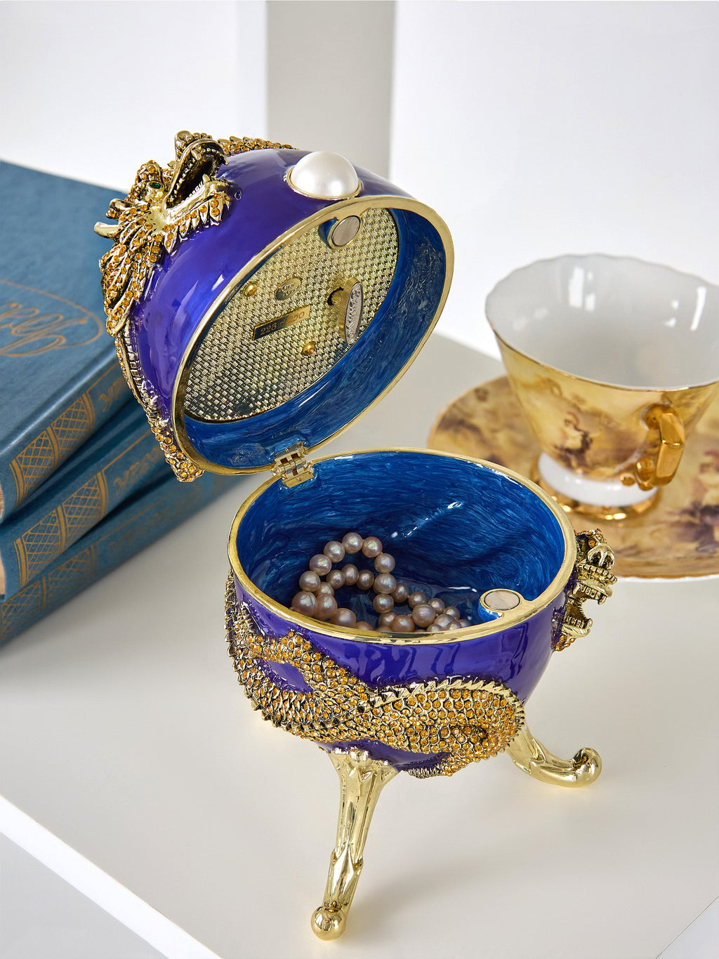 Blue Faberge Egg with Dragon Music Playing Egg-2