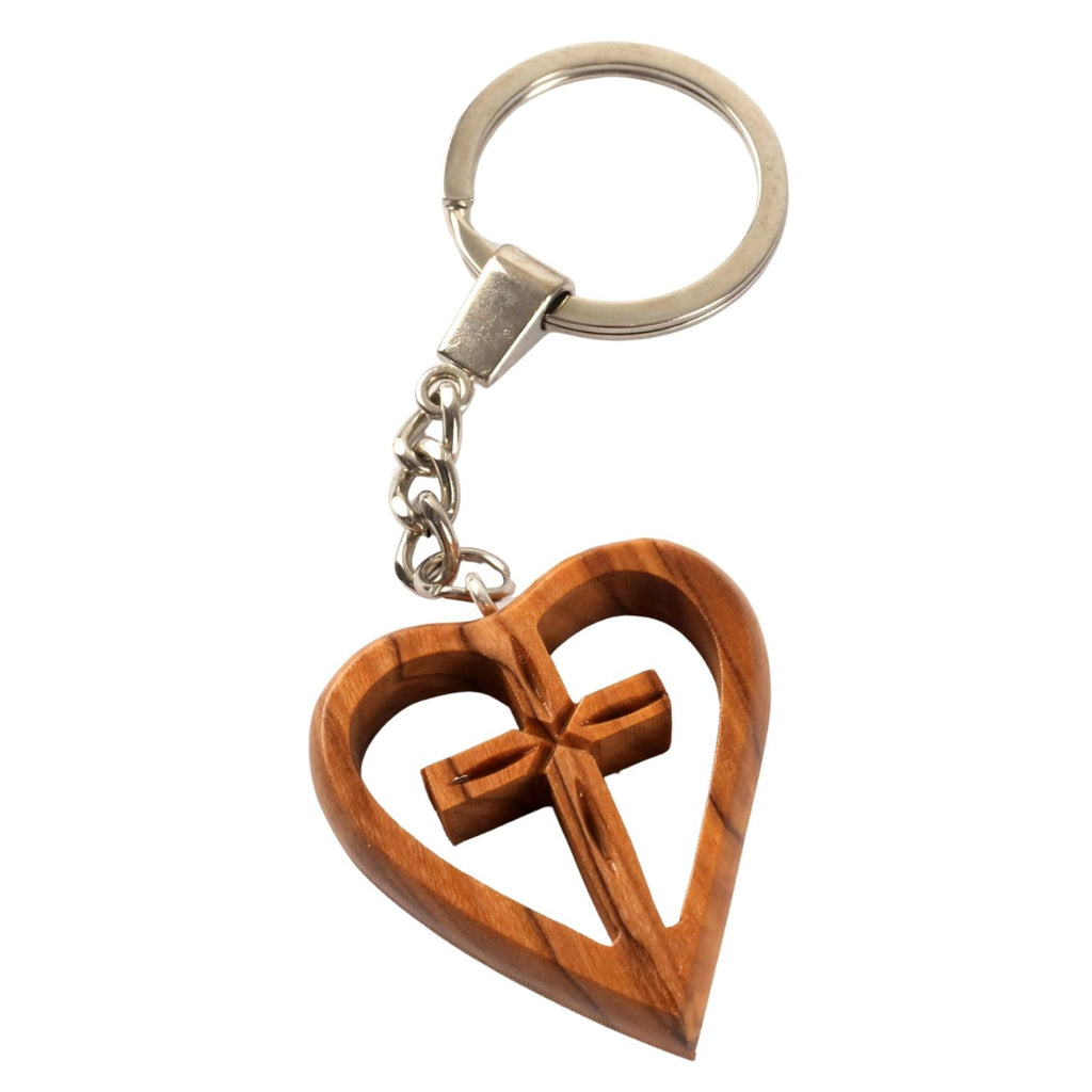 Keyring with cross in a heart made of olive wood-0