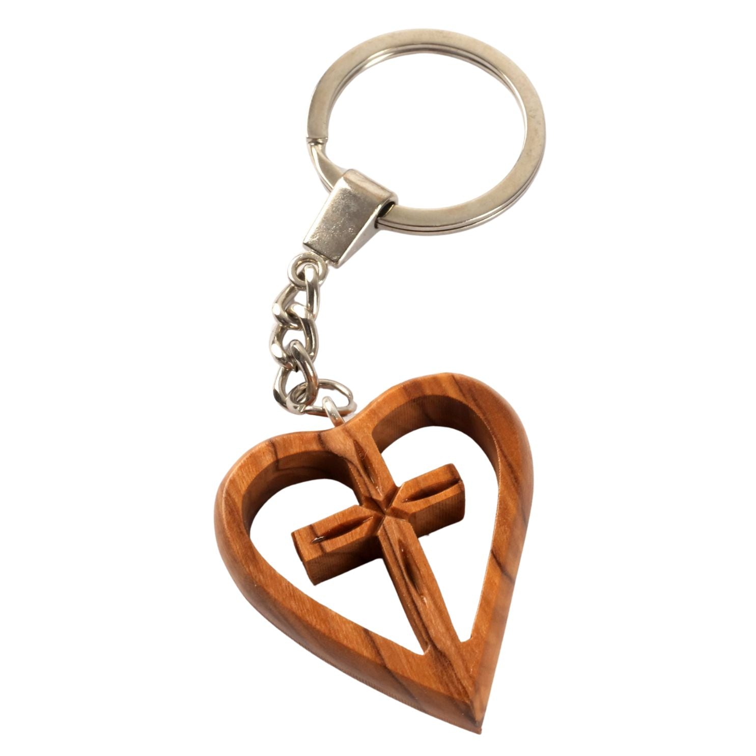 Keyring with cross in a heart made of olive wood-0