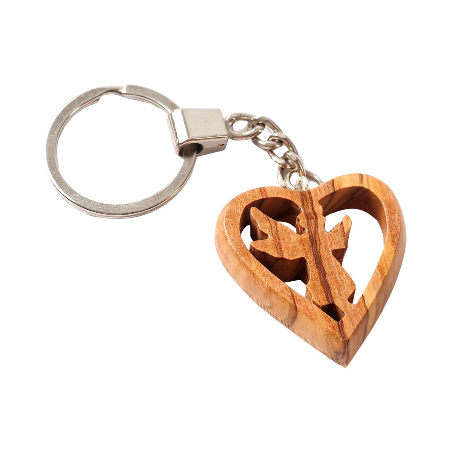 Guardian angel keychain in a heart made of olive wood-0