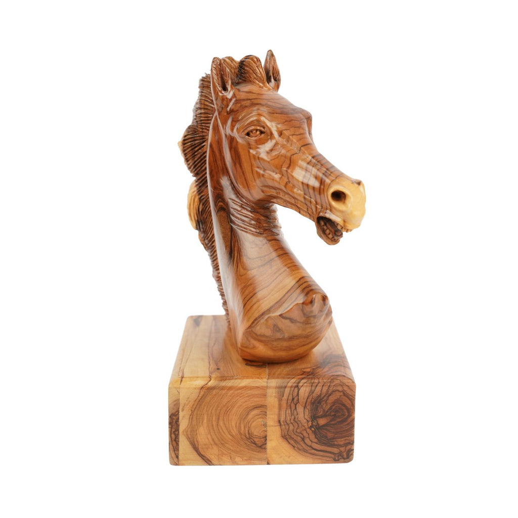 Handgeschnitzter Pferdekopf aus Olivenholz (groß) – Exklusive Holzskulptur aus Bethlehem (24 cm)-1