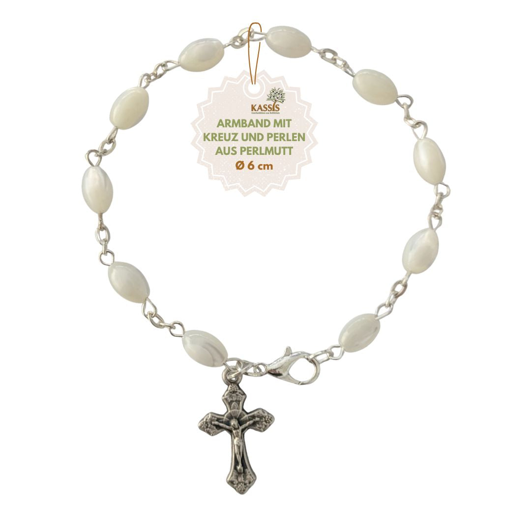 Armband mit Perlmutt-Perlen und Kreuz – Handgefertigt in Bethlehem-0
