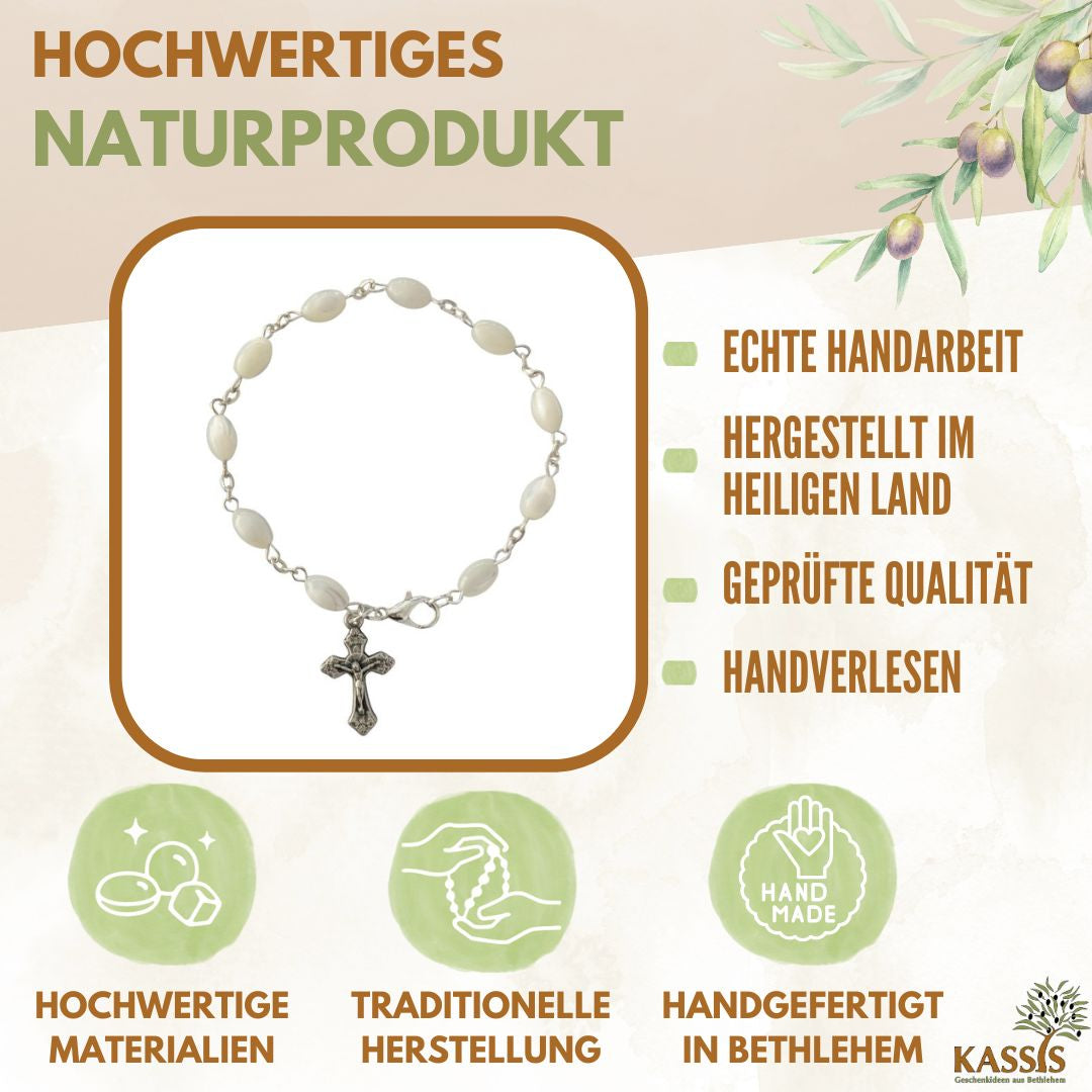 Armband mit Perlmutt-Perlen und Kreuz – Handgefertigt in Bethlehem-1