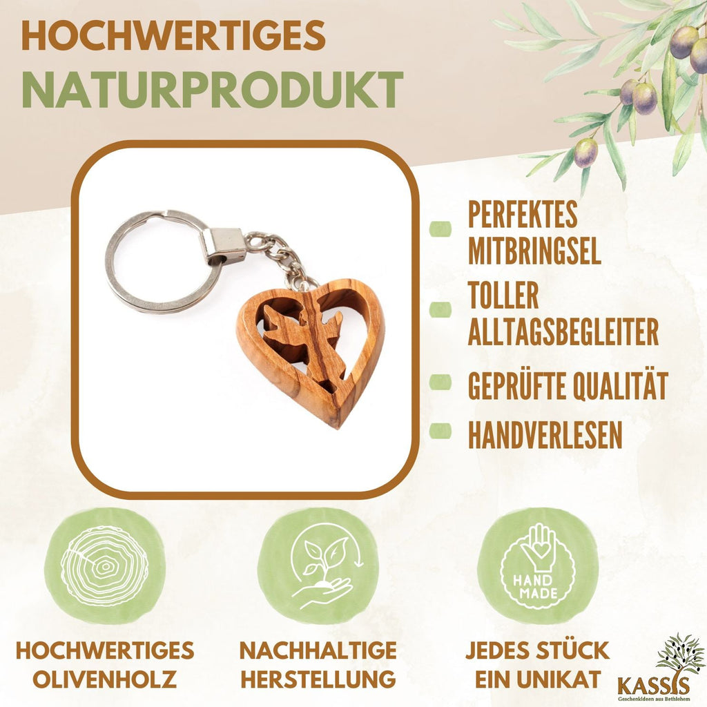 Guardian angel keychain in a heart made of olive wood-1