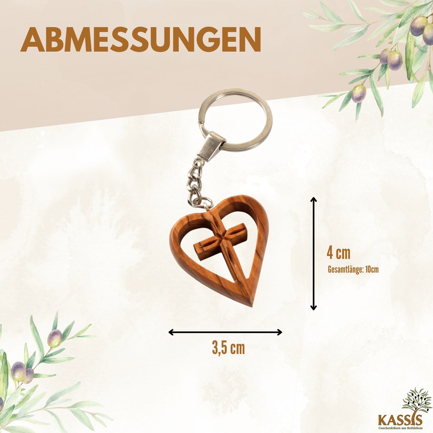 Keyring with cross in a heart made of olive wood-2