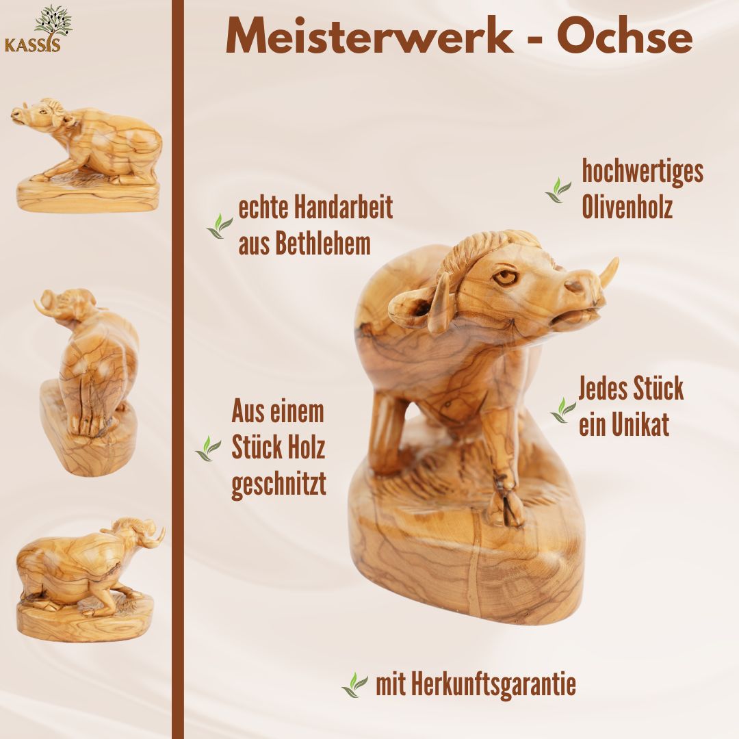 Handgeschnitzter Ochse aus Olivenholz – Exklusive Holzskulptur aus Bethlehem (18 cm)-4