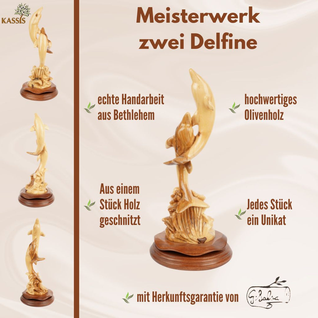 Zwei Delfine aus Olivenholz – Handgeschnitzte Skulptur aus Bethlehem (32 cm)-4