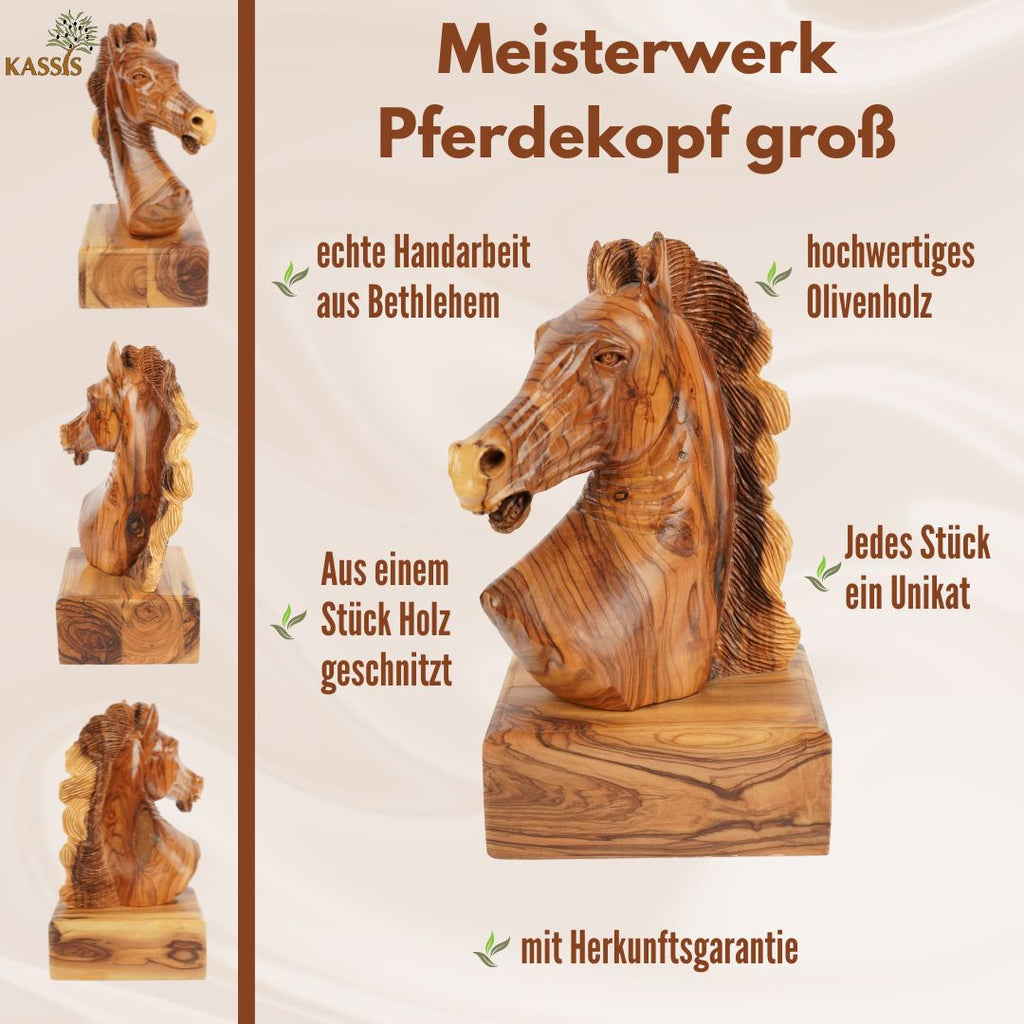 Handgeschnitzter Pferdekopf aus Olivenholz (groß) – Exklusive Holzskulptur aus Bethlehem (24 cm)-4