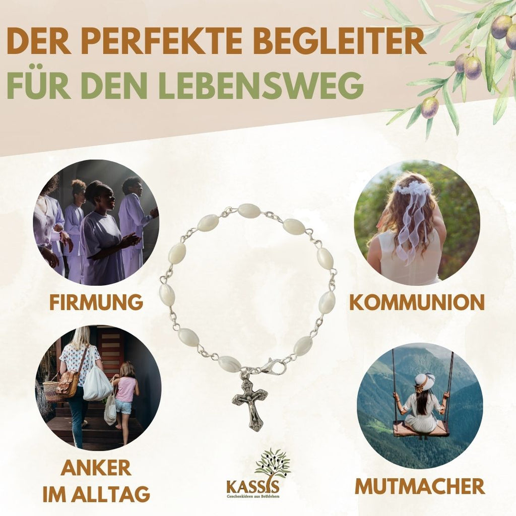 Armband mit Perlmutt-Perlen und Kreuz – Handgefertigt in Bethlehem-3