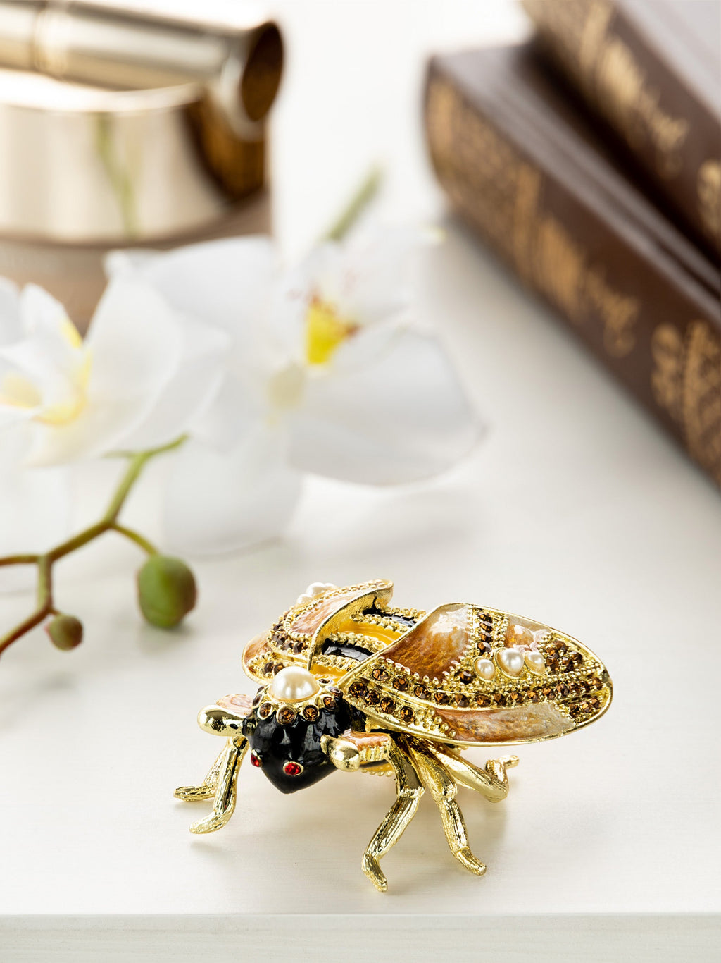Gold & Black Enamel Honey Bee Queen Trinket Box-2