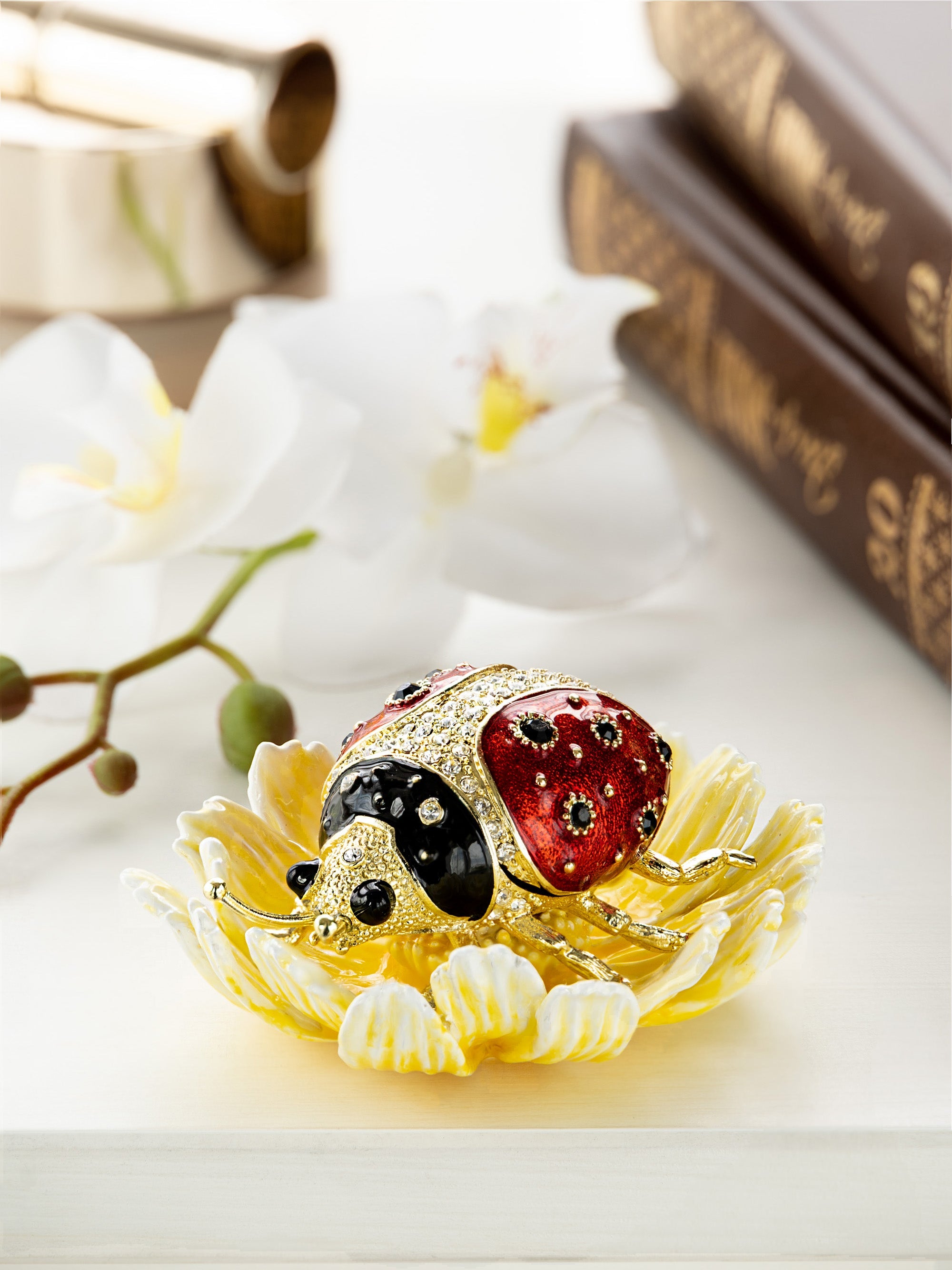 Ladybug on Flower Jeweled Trinket Box-0