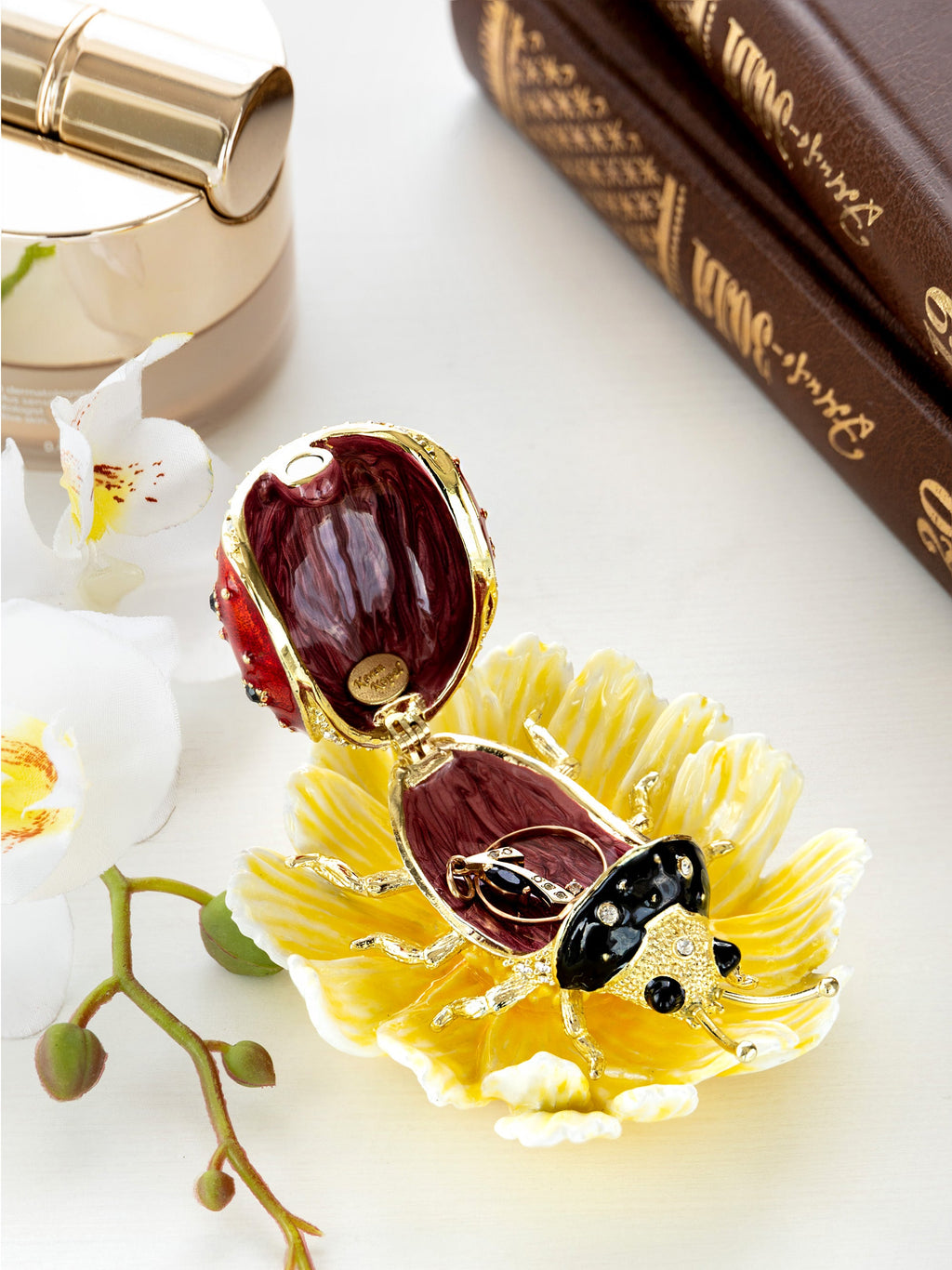 Ladybug on Flower Jeweled Trinket Box-2
