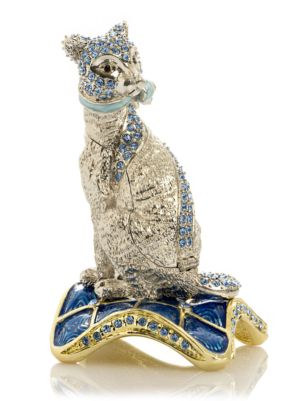 Elegant Silver Cat Trinket Box with Blue Crystals-0