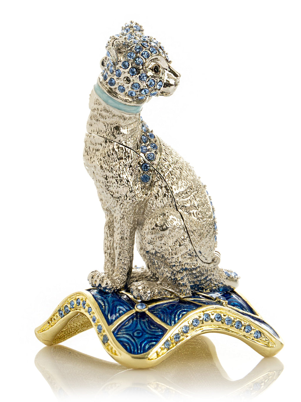Elegant Silver Cat Trinket Box with Blue Crystals-2