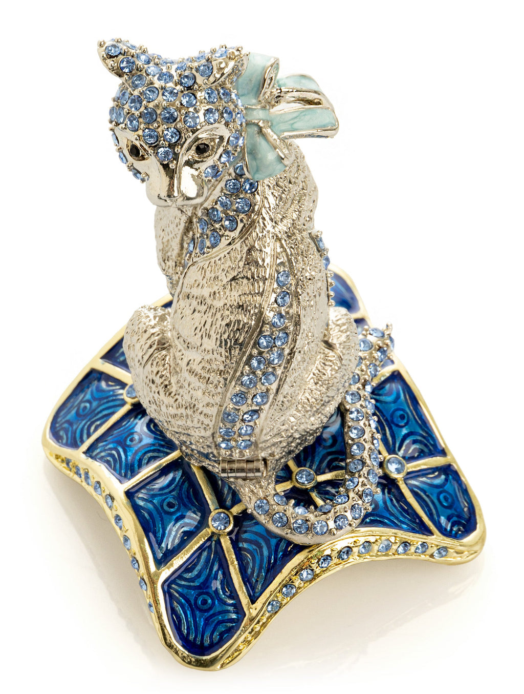 Elegant Silver Cat Trinket Box with Blue Crystals-4