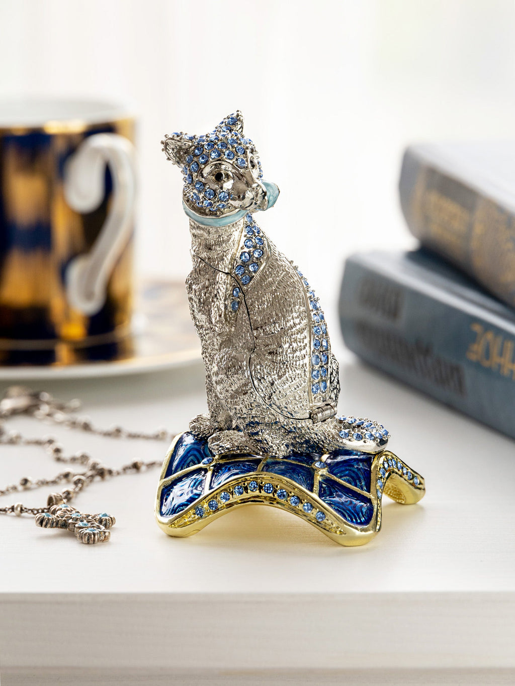 Elegant Silver Cat Trinket Box with Blue Crystals-1