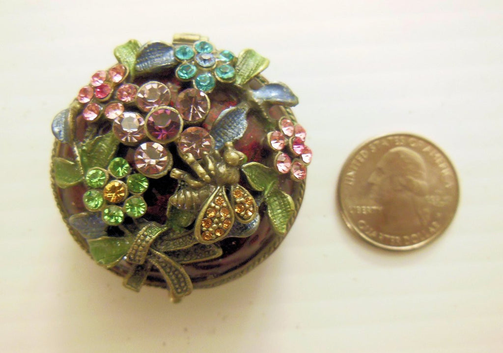 Flower and Bee Crystal Decorated Enamel Trinket Box-11
