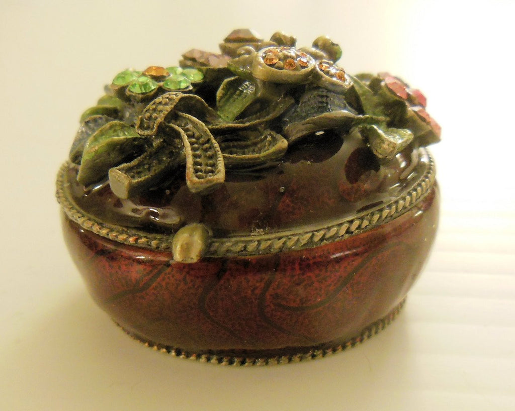 Flower and Bee Crystal Decorated Enamel Trinket Box-9