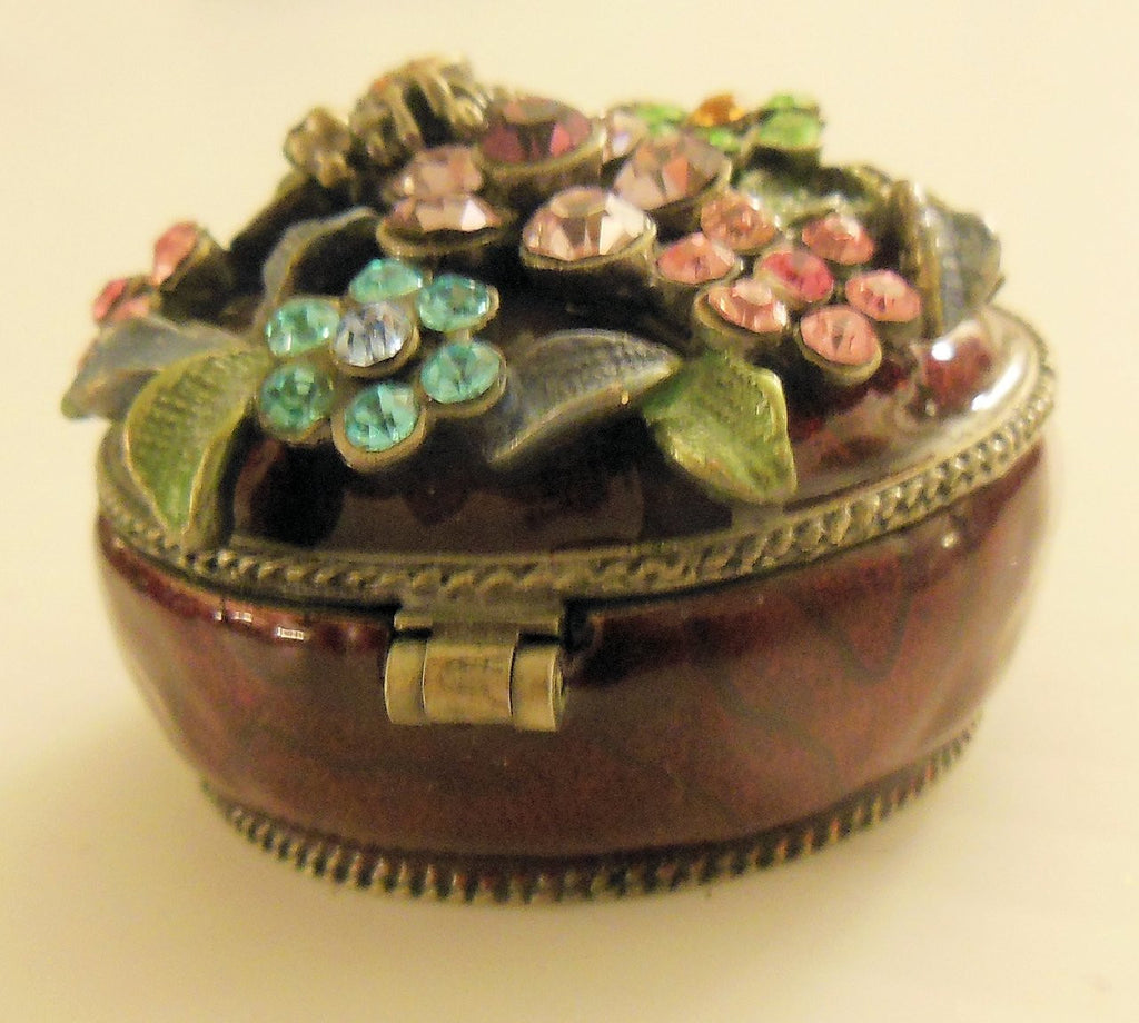 Flower and Bee Crystal Decorated Enamel Trinket Box-5
