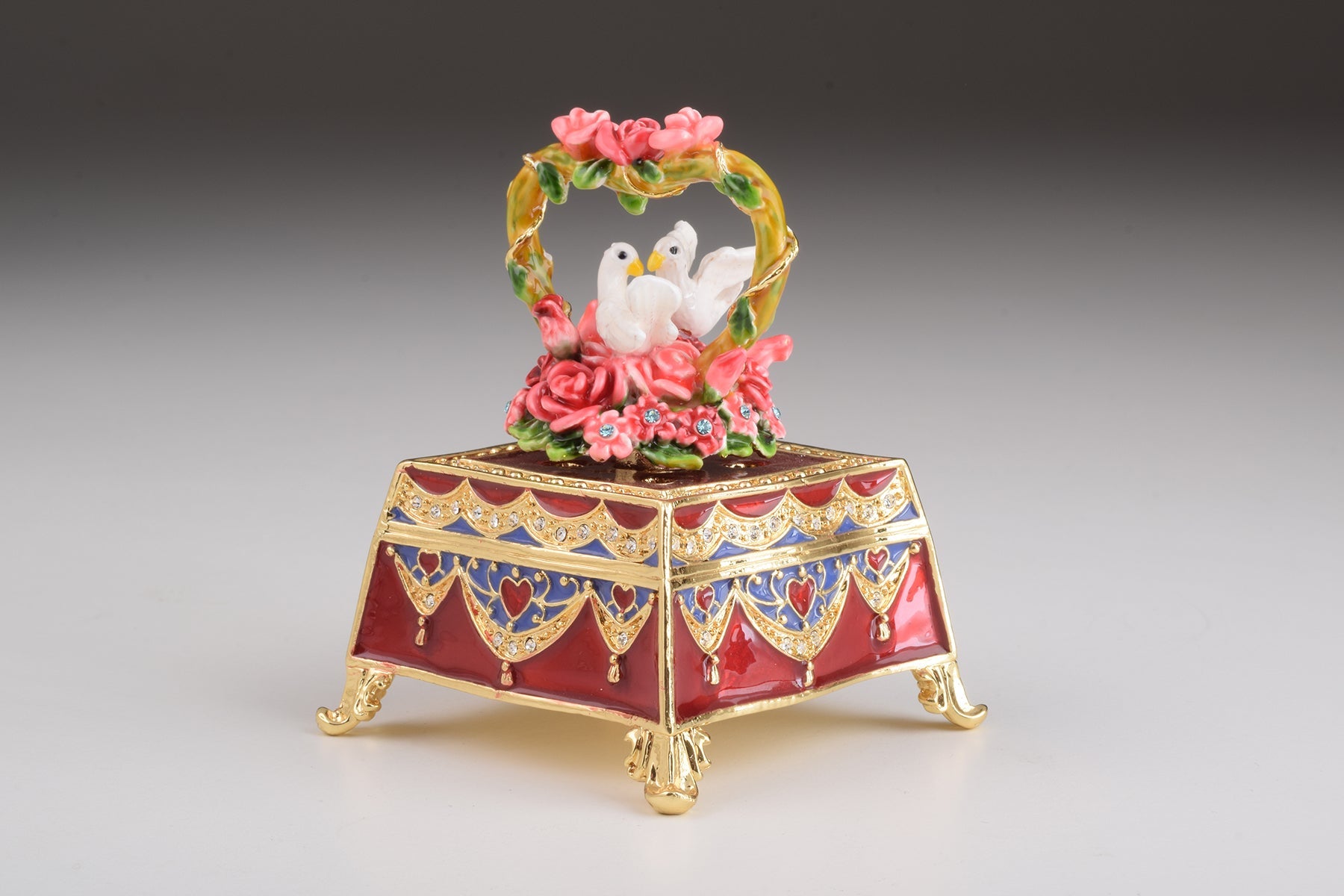 Red Decorated Box with Roses and Two White Doves-4