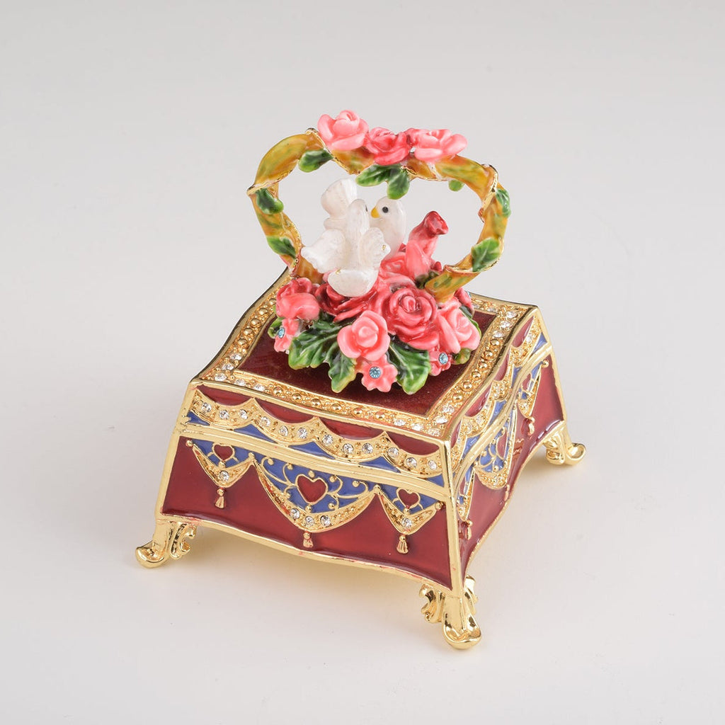 Red Decorated Box with Roses and Two White Doves-1