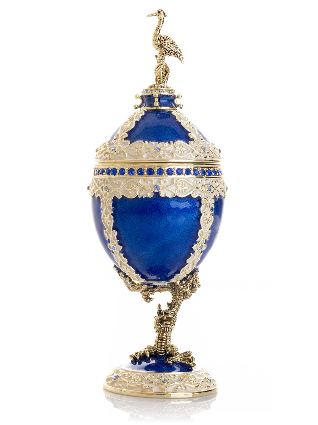 Luxurious Blue-Gold Egg with Clock with Dragon Pedestal and Bird Ornament-0