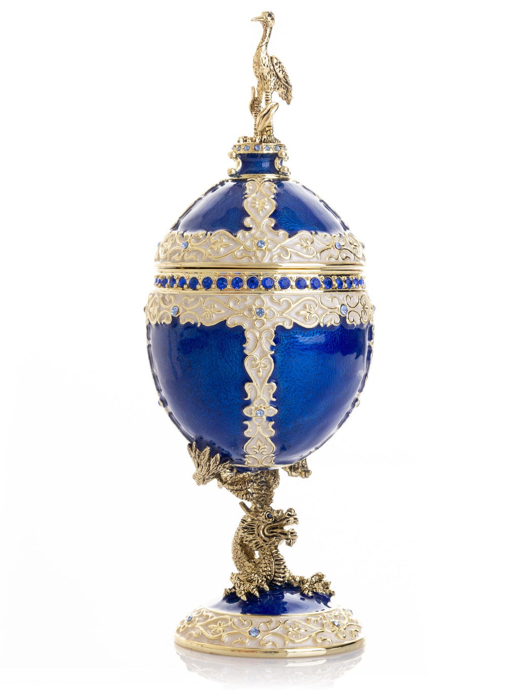 Luxurious Blue-Gold Egg with Clock with Dragon Pedestal and Bird Ornament-3