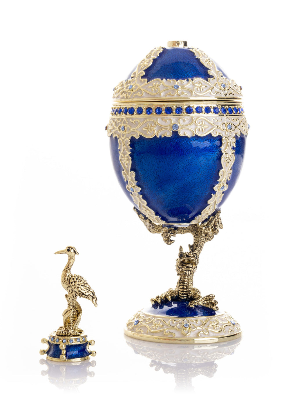Luxurious Blue-Gold Egg with Clock with Dragon Pedestal and Bird Ornament-4