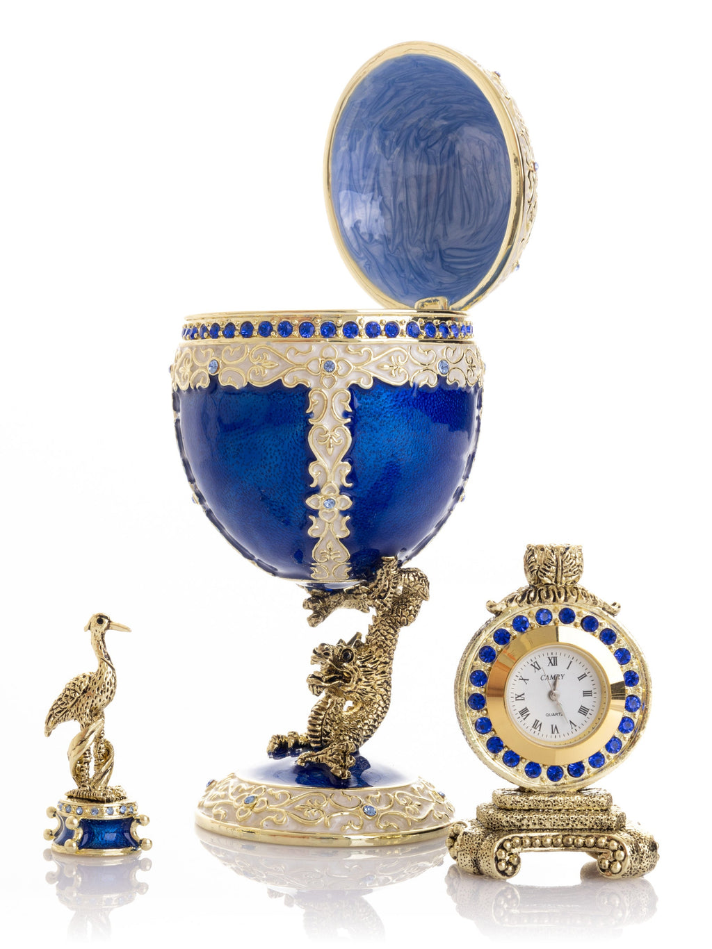 Luxurious Blue-Gold Egg with Clock with Dragon Pedestal and Bird Ornament-2