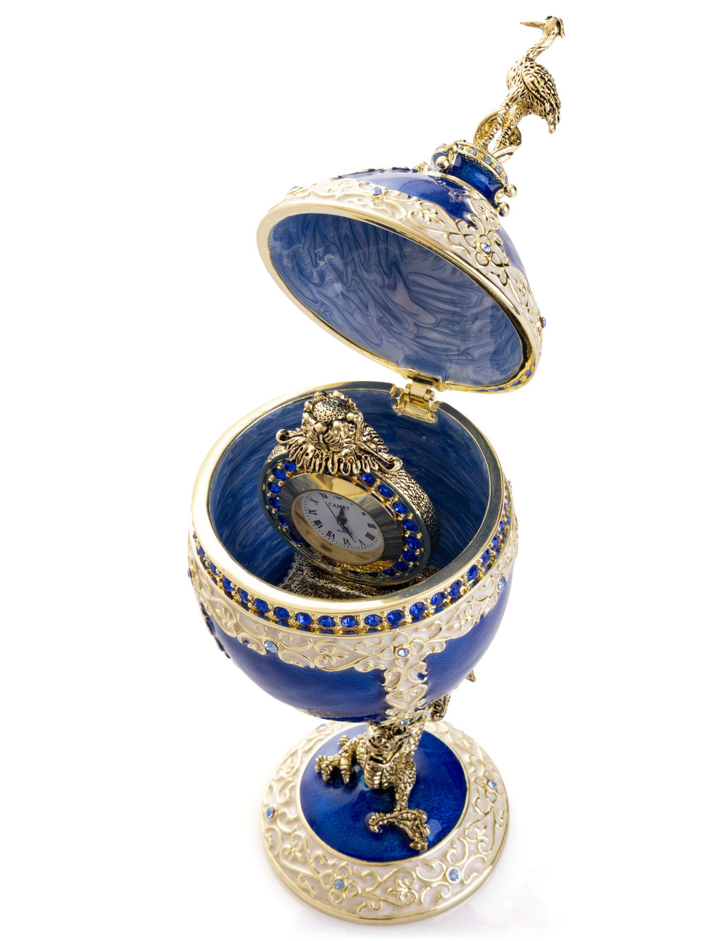 Luxurious Blue-Gold Egg with Clock with Dragon Pedestal and Bird Ornament-1