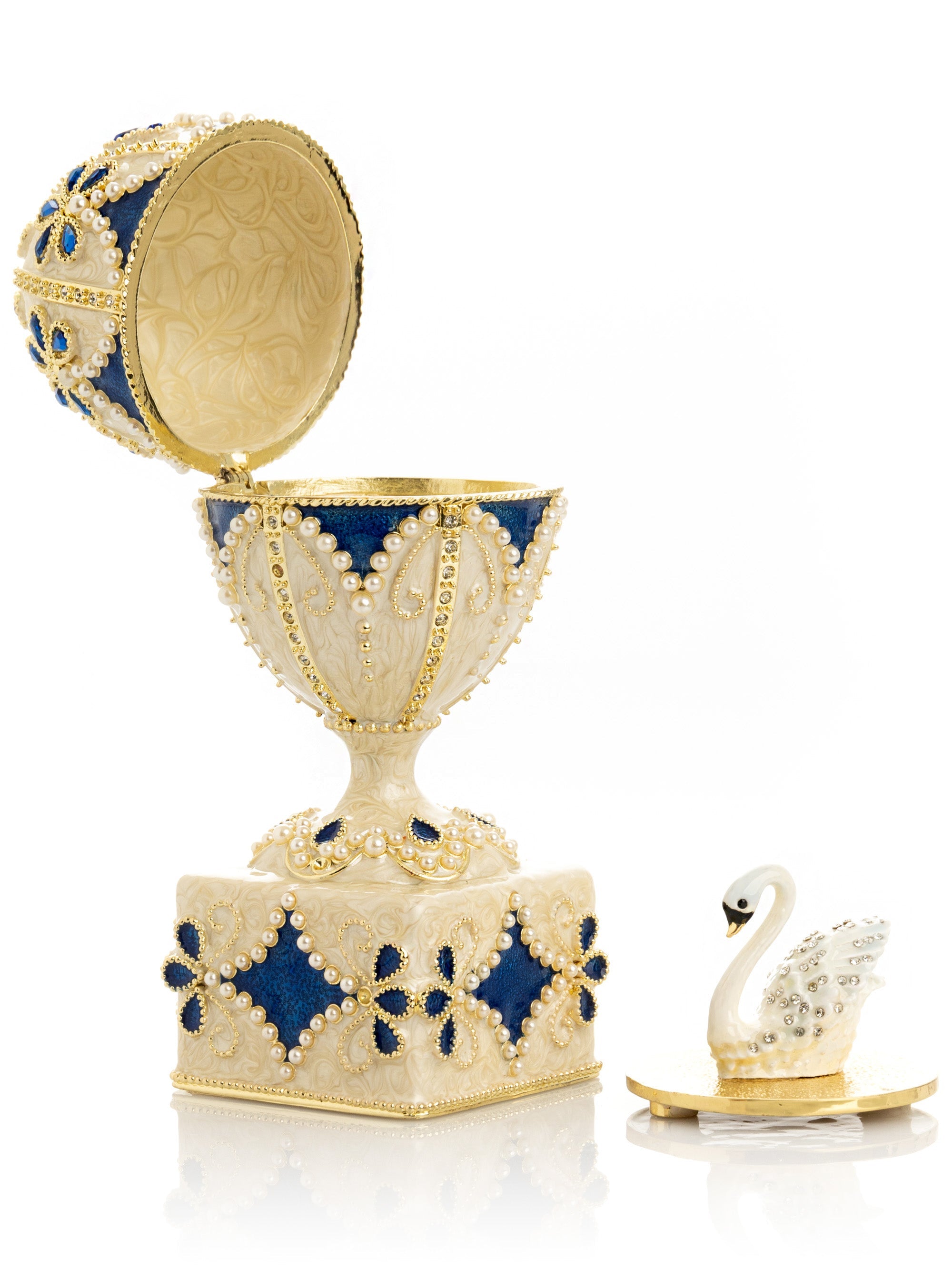 Pearl Beige Faberge Egg with Swan Hidden compartment-4