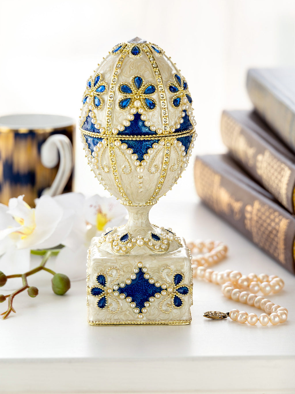 Pearl Beige Faberge Egg with Swan Hidden compartment-1