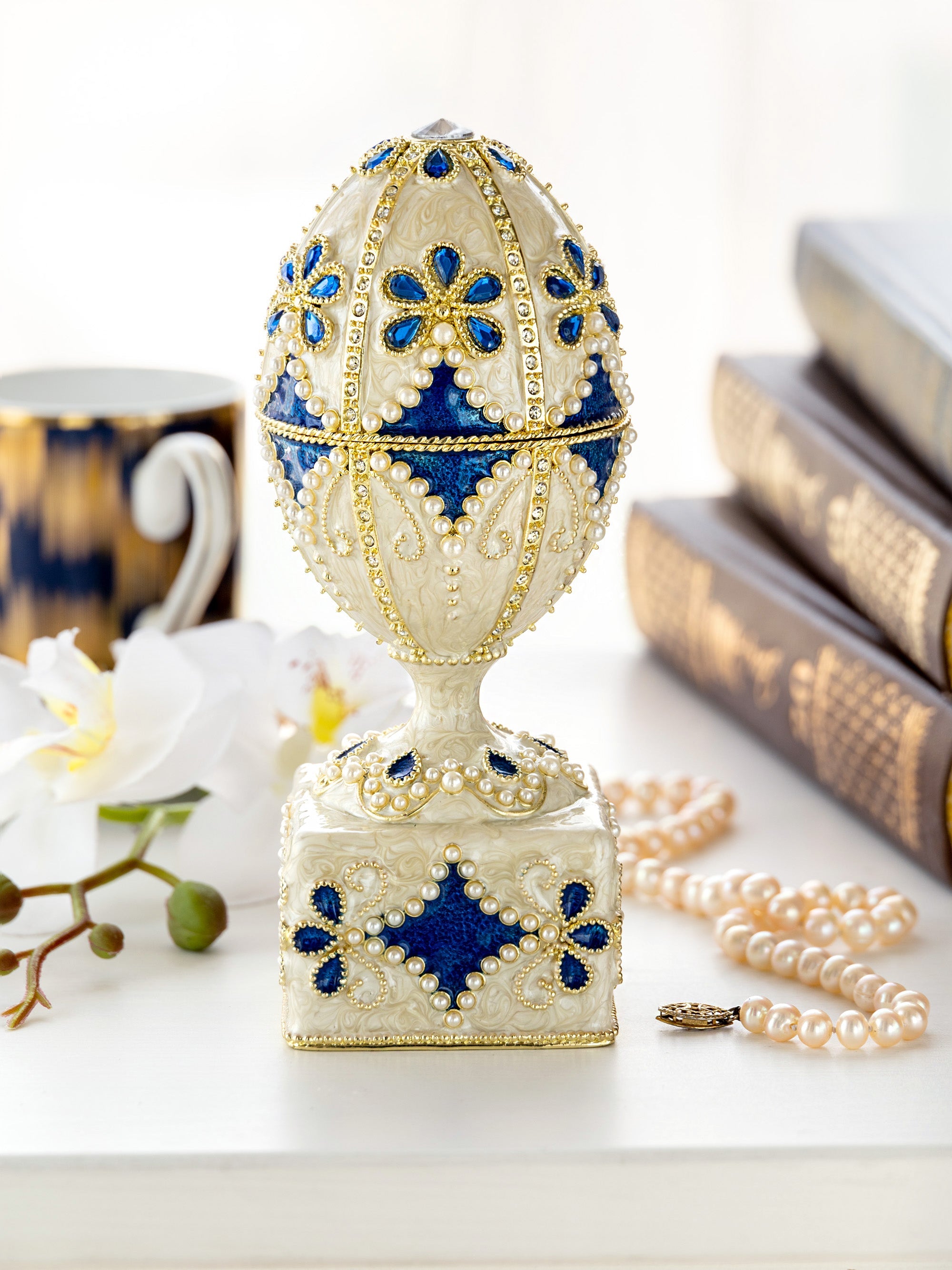 Pearl Beige Faberge Egg with Swan Hidden compartment-1