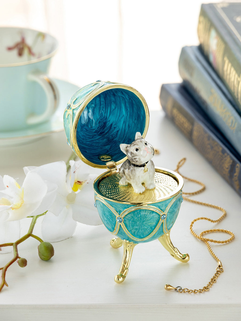 Turquoise Easter Egg with Cat Hidden compartment-3