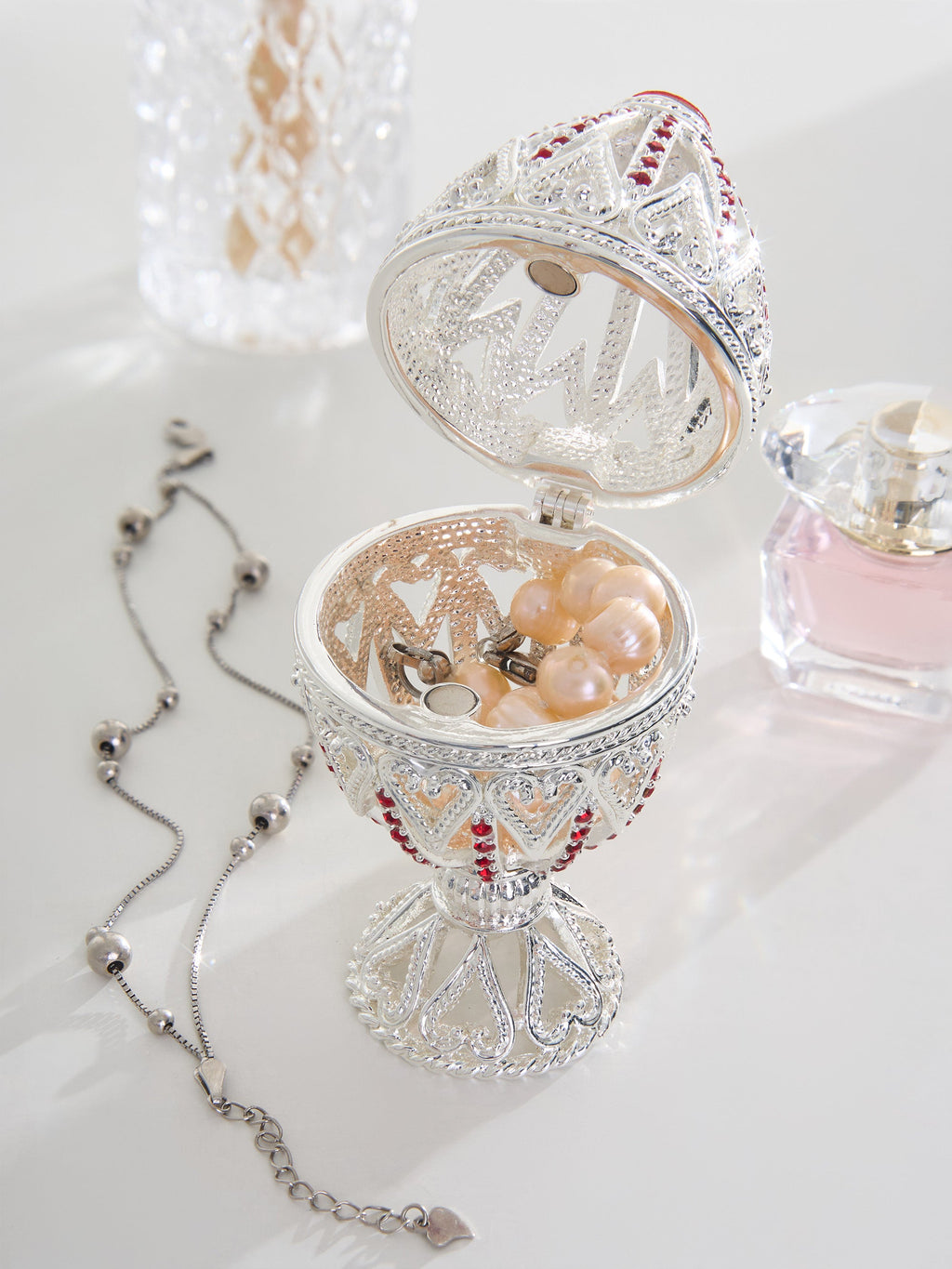 Silver Easter Egg with Red Crystals & Hearts-1