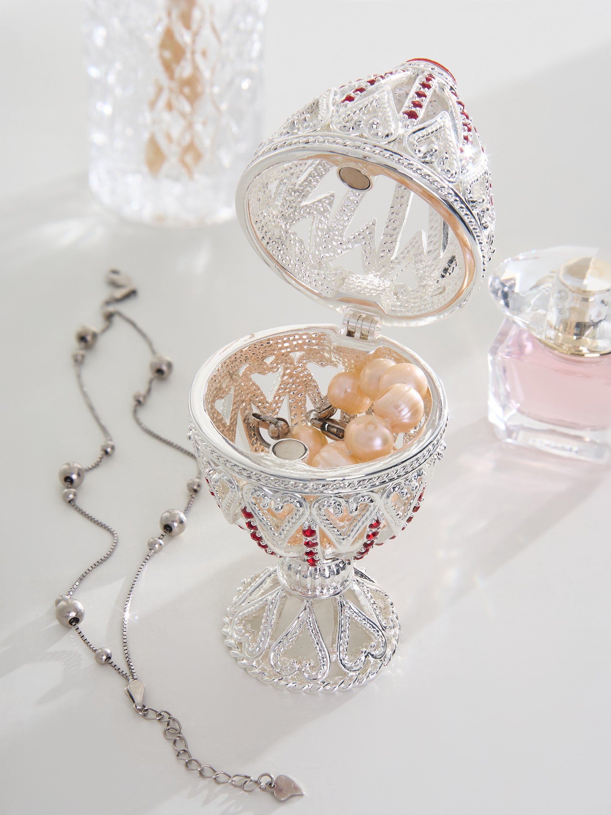 Silver Easter Egg with Red Crystals & Hearts-1