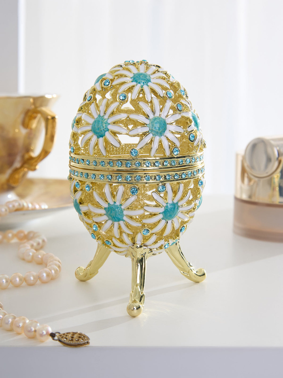 Gold Easter Egg with Blue and White Flowers-1