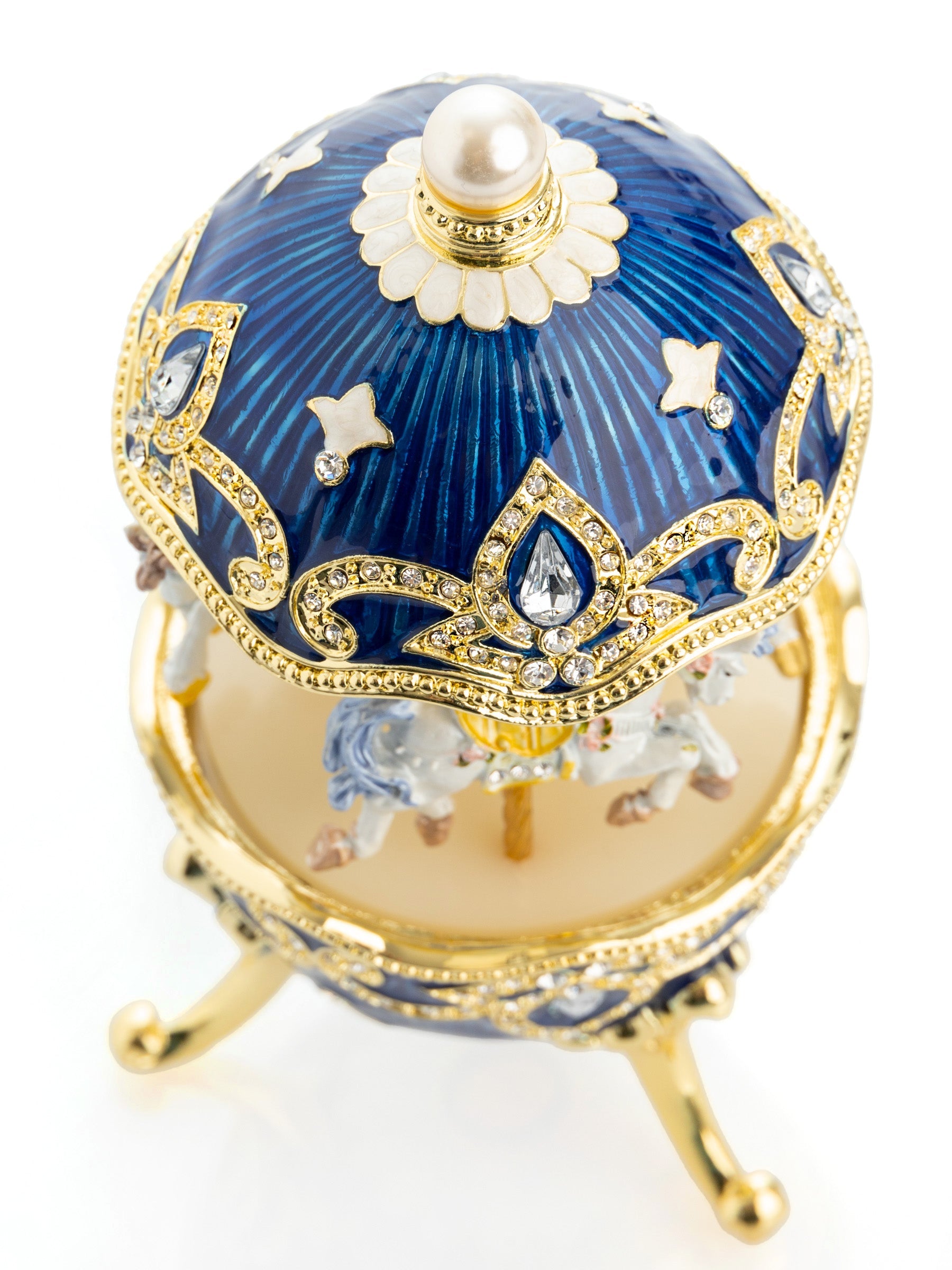 Blue Wind up Horse Carousel Faberge Egg-1