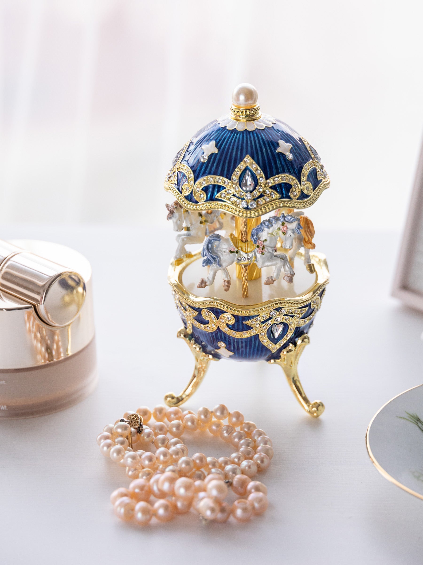 Blue Wind up Horse Carousel Faberge Egg-3