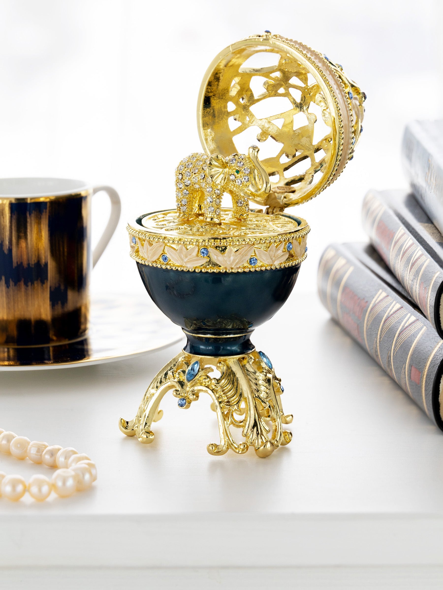Golden Blue Faberge Egg with a Golden Elephant-1