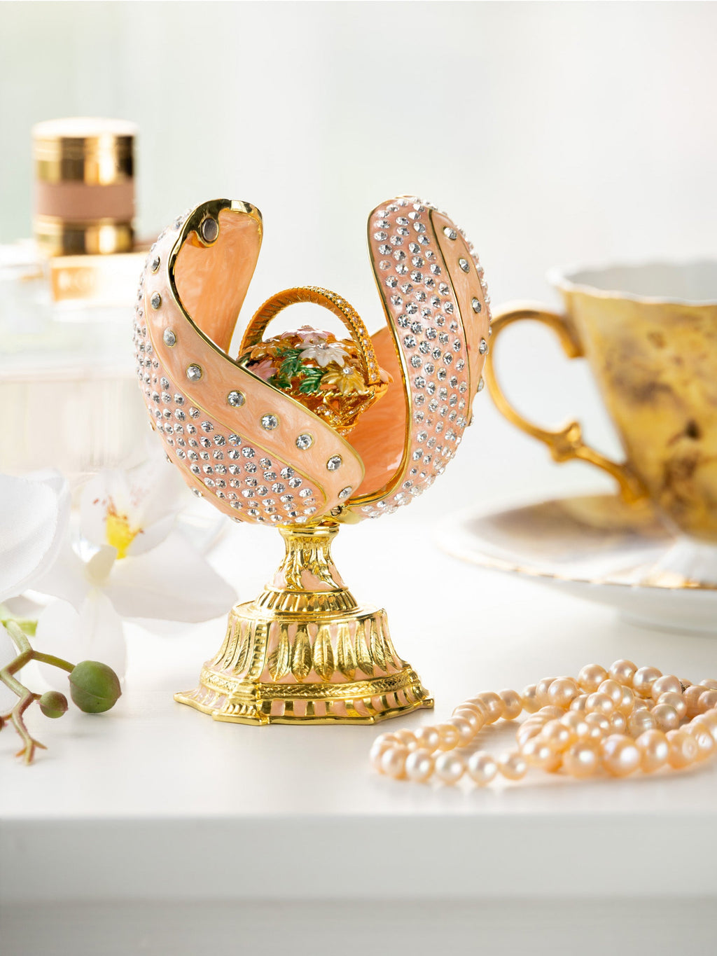spiral salmon pink Faberge Egg with flowers bouquet-0