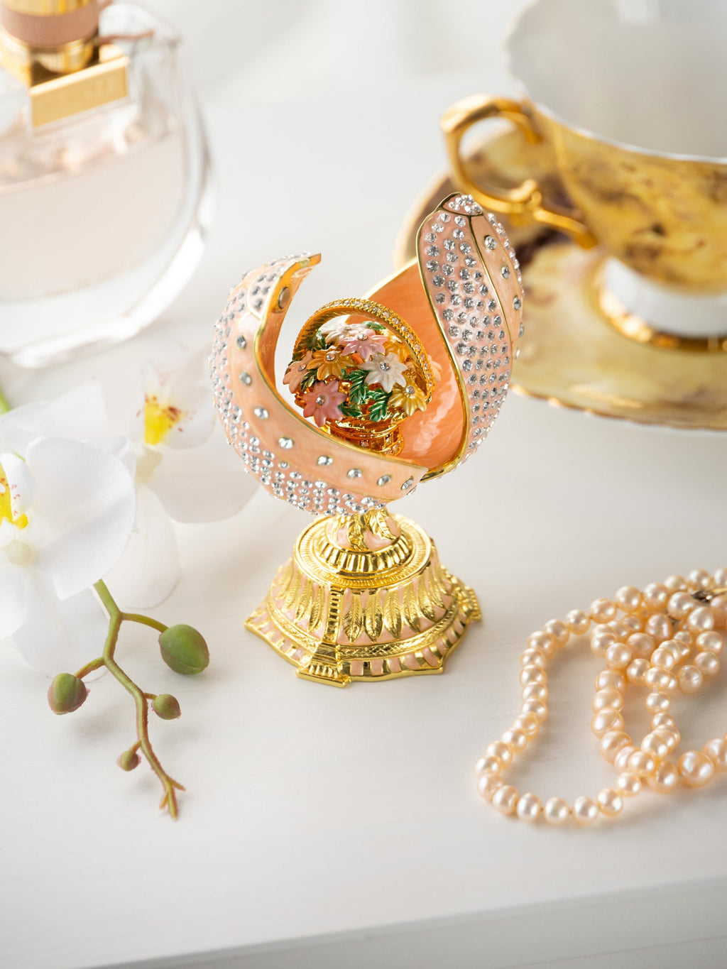 spiral salmon pink Faberge Egg with flowers bouquet-2