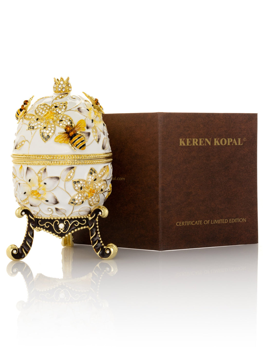 White Faberge Egg with Bees and Flowers-2