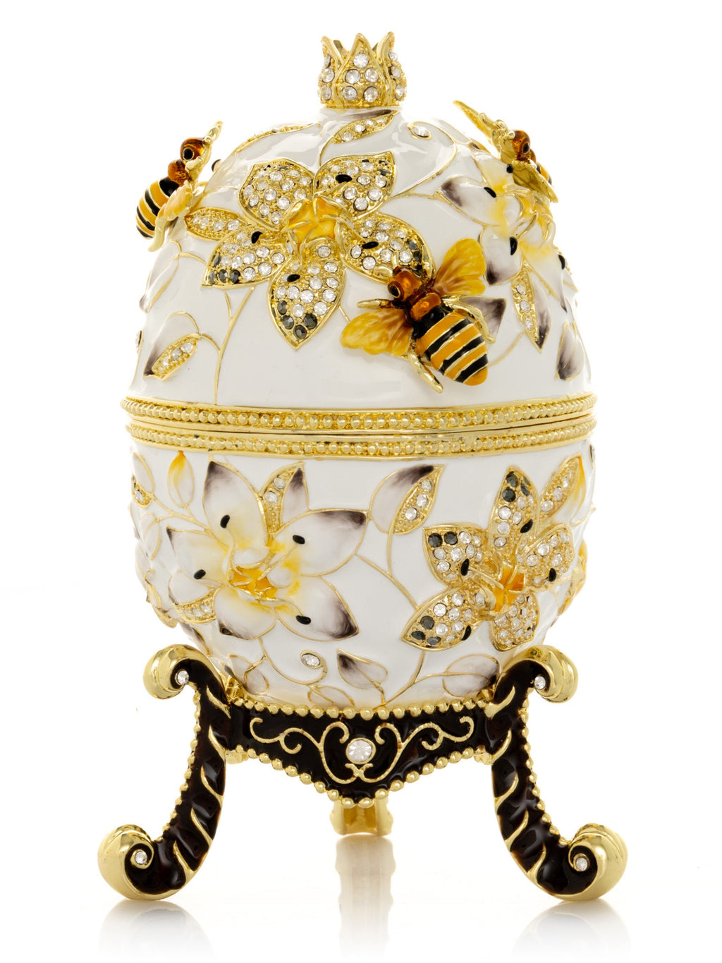 White Faberge Egg with Bees and Flowers-3