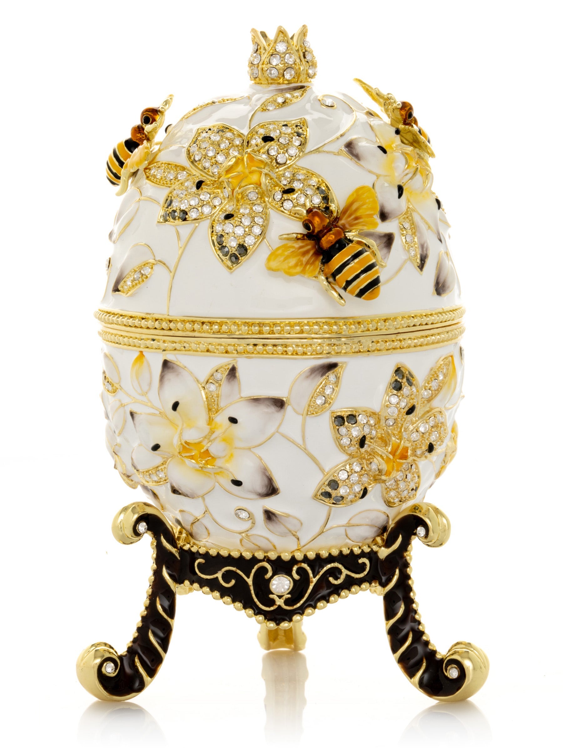 White Faberge Egg with Bees and Flowers-3