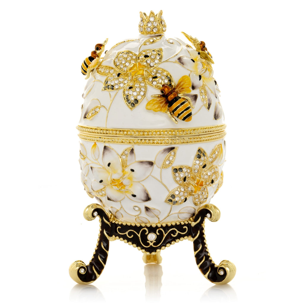White Faberge Egg with Bees and Flowers-0