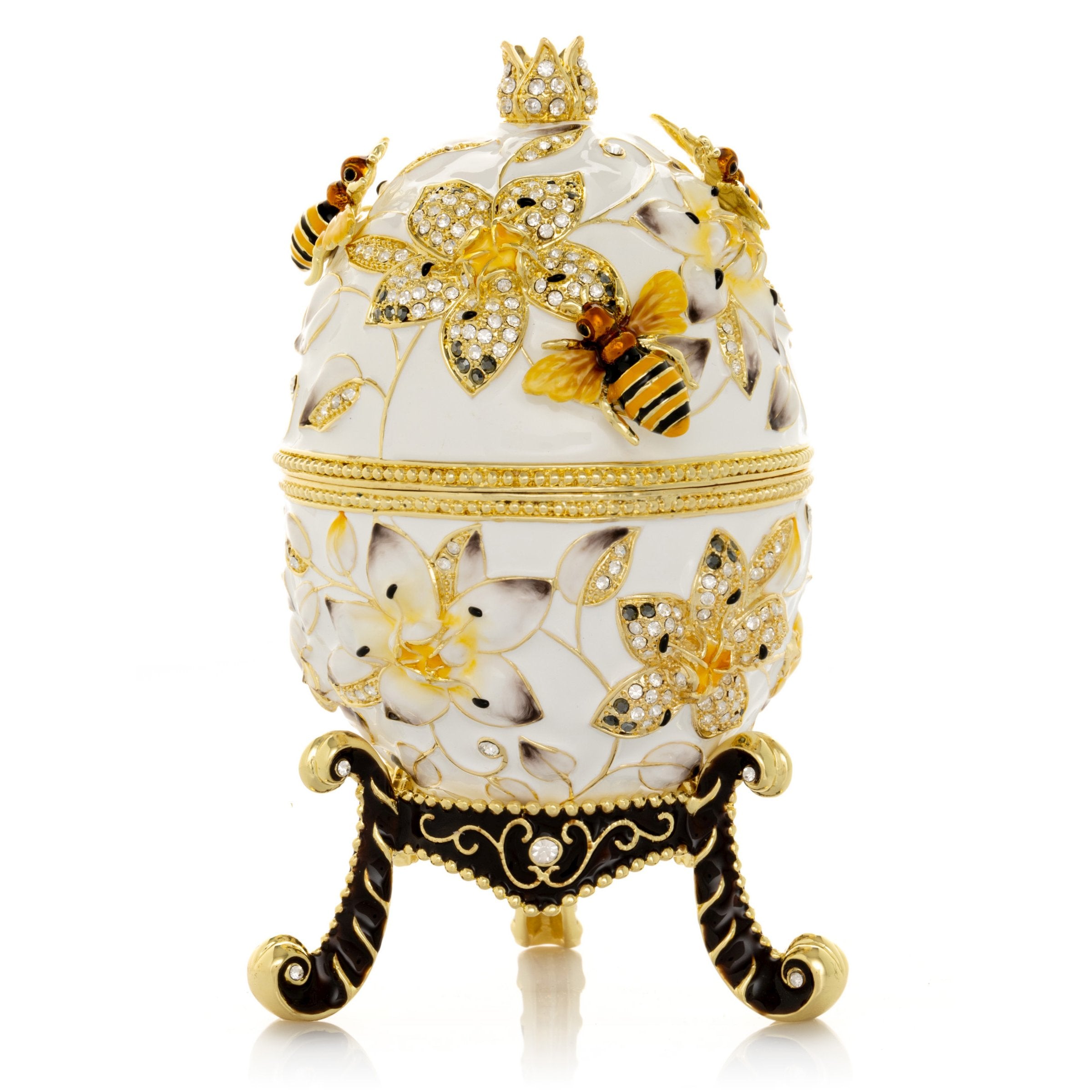 White Faberge Egg with Bees and Flowers-0