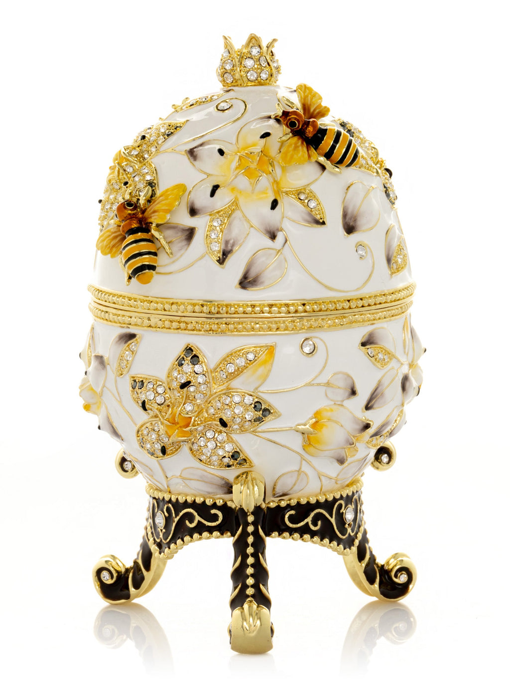 White Faberge Egg with Bees and Flowers-4