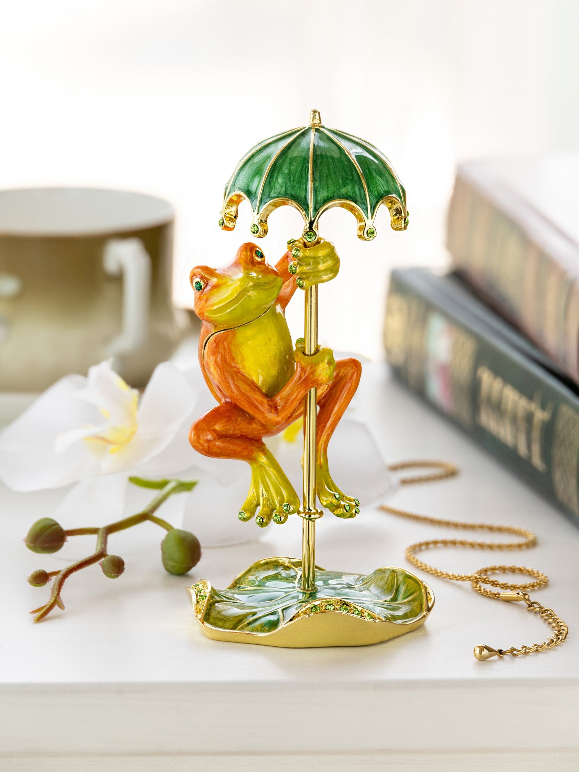 Rainy Day Orange Frog with Umbrella Trinket Box-1
